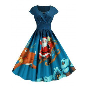 

Christmas Santa Claus Elk Snowman Print Surplice Dress, Navy blue