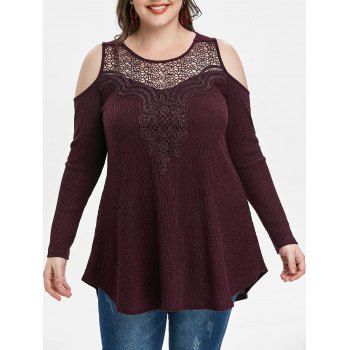

Plus Size Cold Shoulder Lace Insert Knitwear, Red wine
