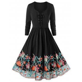 

Plus Size Embroidered Lace Up Party Dress, Black