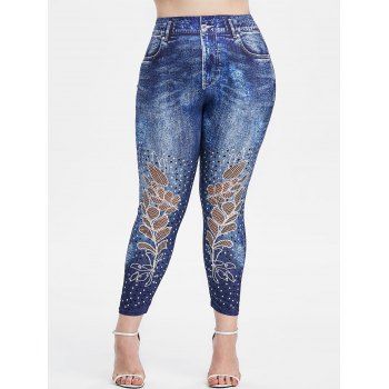 

Plus Size Floral Print High Waist Ninth Jeggings, Slate blue