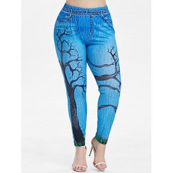 

Plus Size Tree 3D Denim Print High Waist Jeggings, Blue