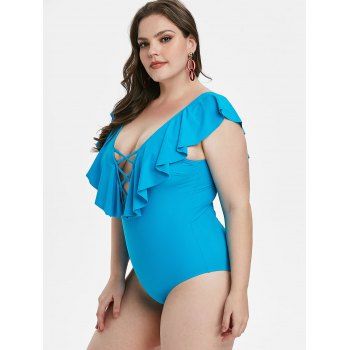 

Ruffle Lattice Plus Size Plunge One-piece Swimsuit, Blue