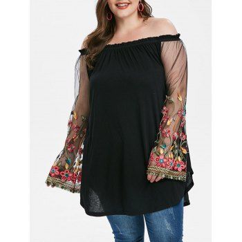 

Plus Size Off The Shoulder Embroidered T-shirt, Black