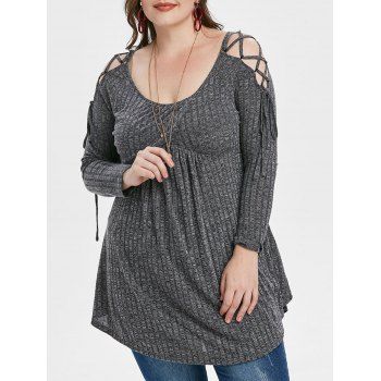 

Plus Size Lace Up Heathered Tunic Knitwear, Dark gray