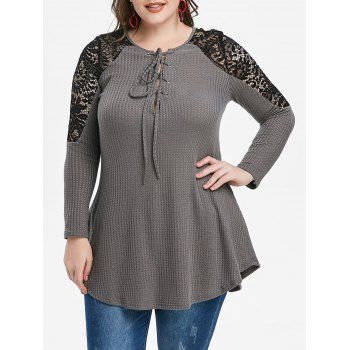 

Plus Size Floral Lace Panel Lace-up Sweater, Dark gray