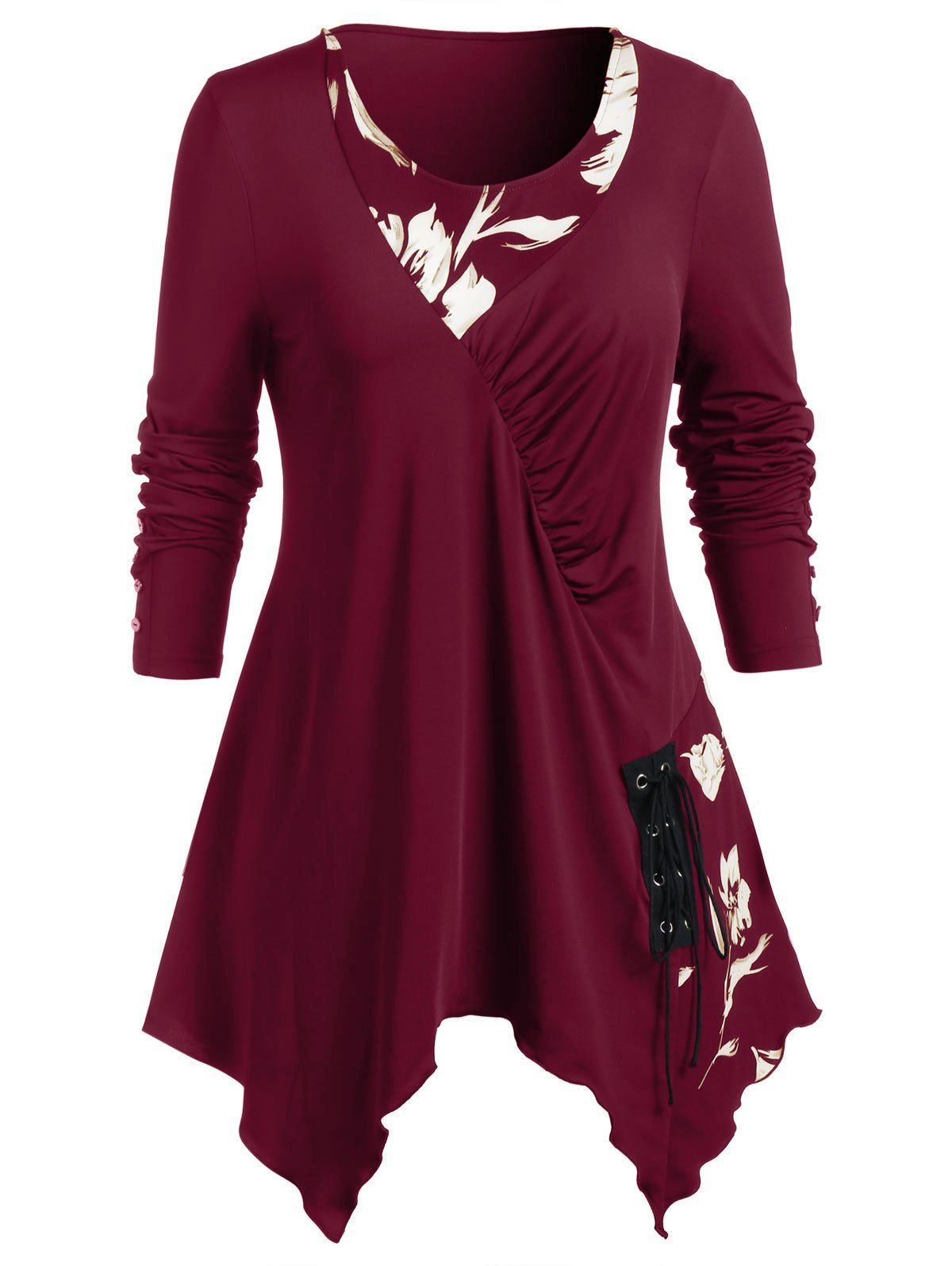 

Plus Size Asymmetrical Ditsy Print Round Collar T Shirt, Firebrick