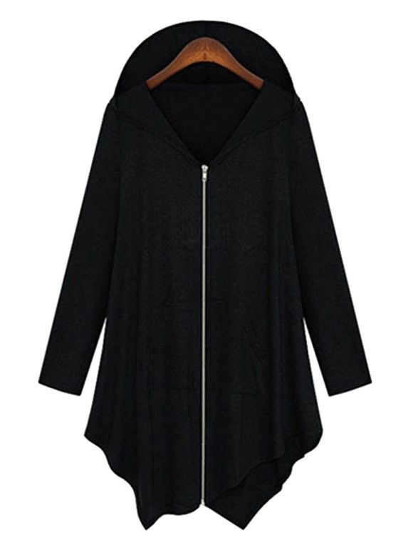 Manteau à Capuche Asymétrique de Grande Taille - Noir 4X