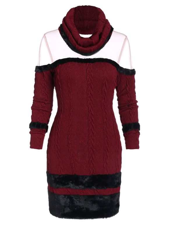 Robe Moulante Contrastée Transparente à Col Châle - Rouge Vineux M