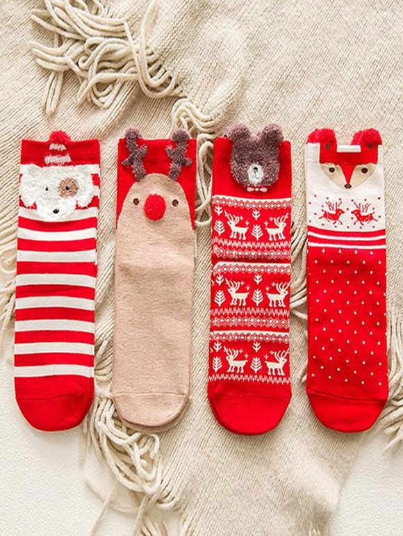 Chaussettes de Noël Animal Dessin Animé en Coton 4 Paires - Rouge 