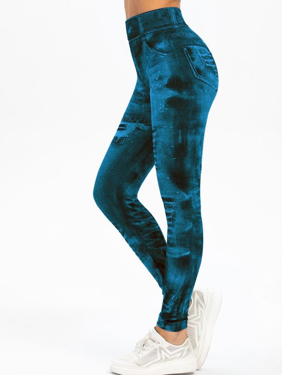 Legging 3D Imprimé Jersey à Taille Haute - Bleu Marine ONE SIZE
