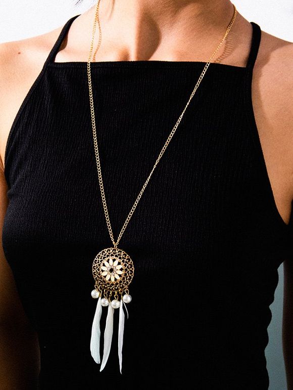 Collier Long Fleur Evidée Attrape-rêve avec Plume - Blanc 