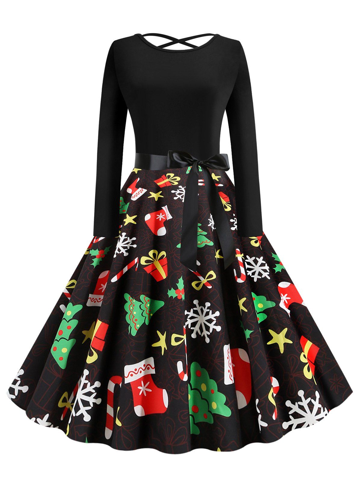Christmas Berry Santa Claus Gift Stocking Print Dress - BLACK L
