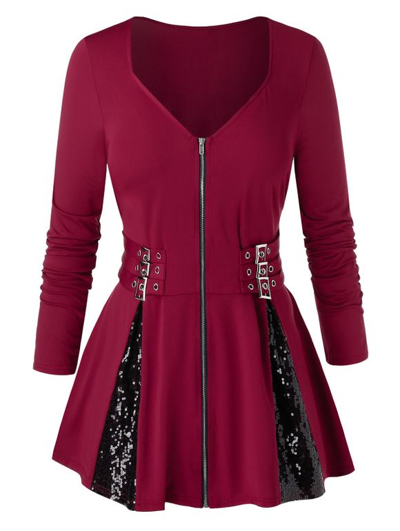 Haut Zippé Bouclé de Grande Taille à Paillettes - Rouge Vineux 5X