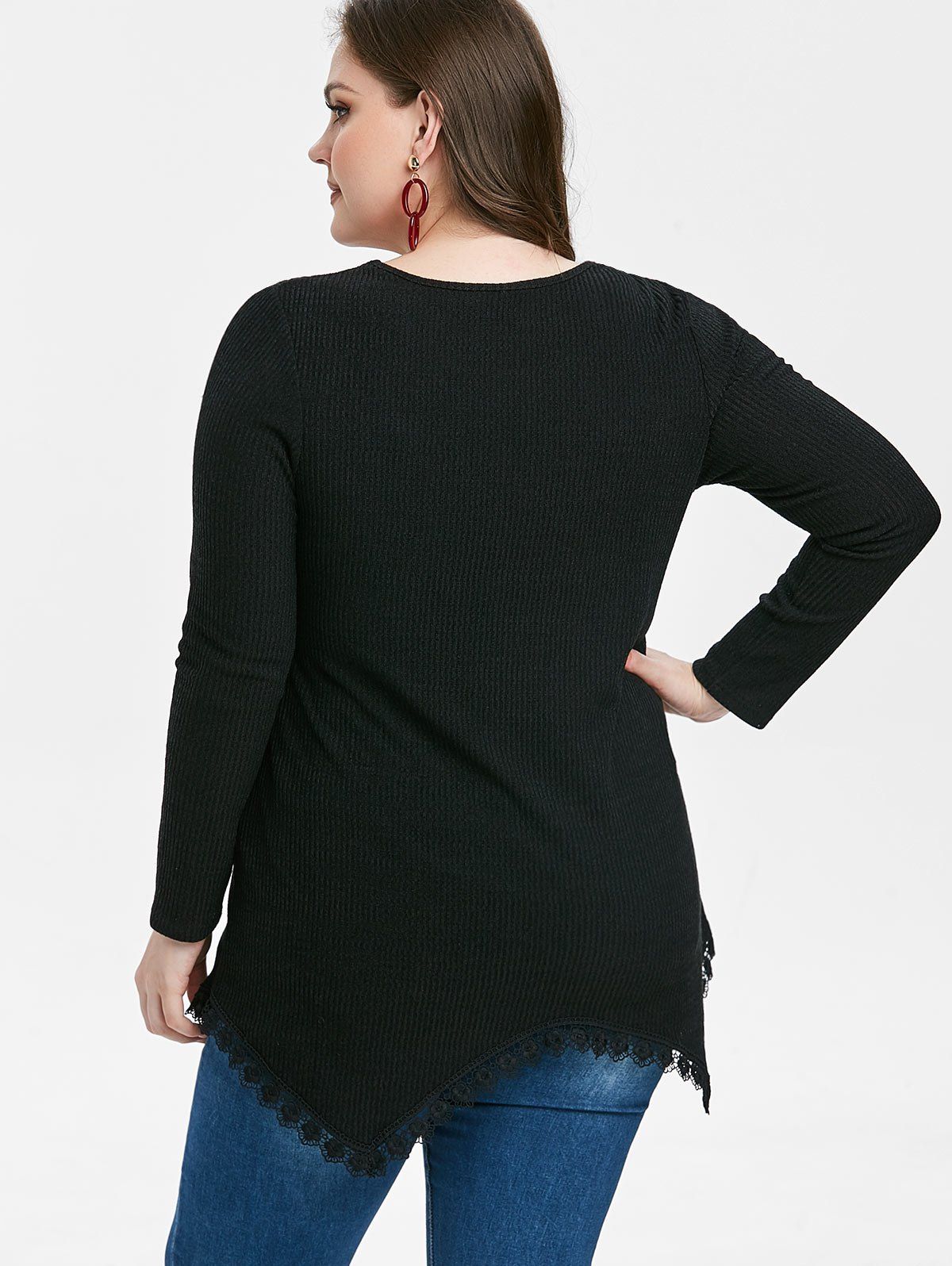 Plus Size Lace Insert Ribbed Knitwear - BLACK 2X