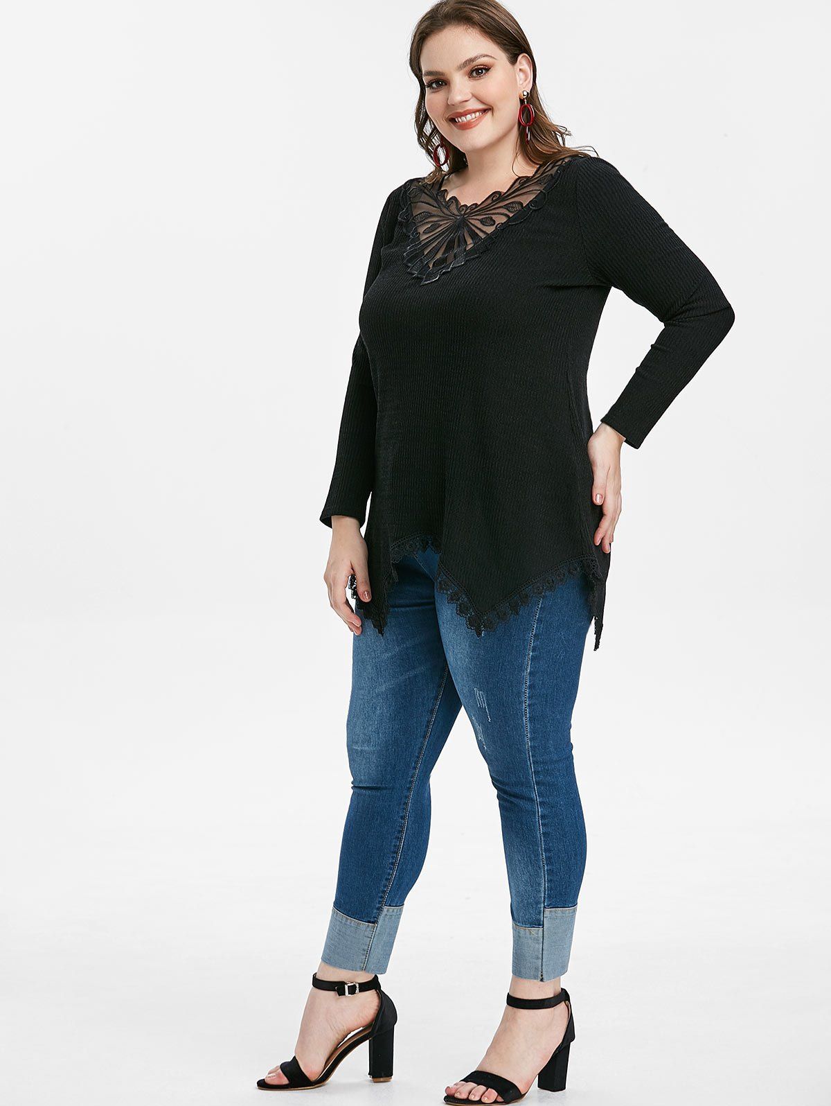 Plus Size Lace Insert Ribbed Knitwear - BLACK 2X
