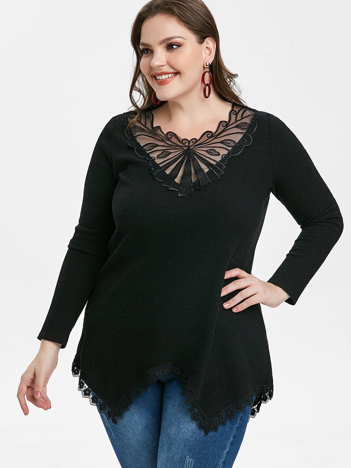 Plus Size Lace Insert Ribbed Knitwear - BLACK 2X