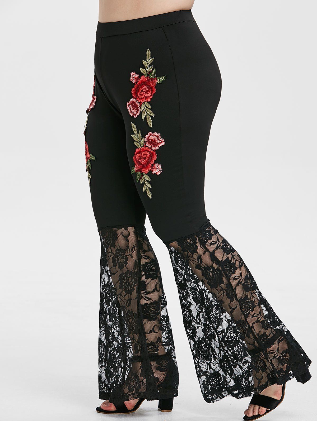 

Plus Size Embroidered Floral Lace Flare Pants, Black