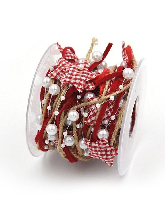Ruban Décoration Arbre de Noël Etoile Imprimée à Carreaux avec Fausse Perle 5 Mètres - Rouge 