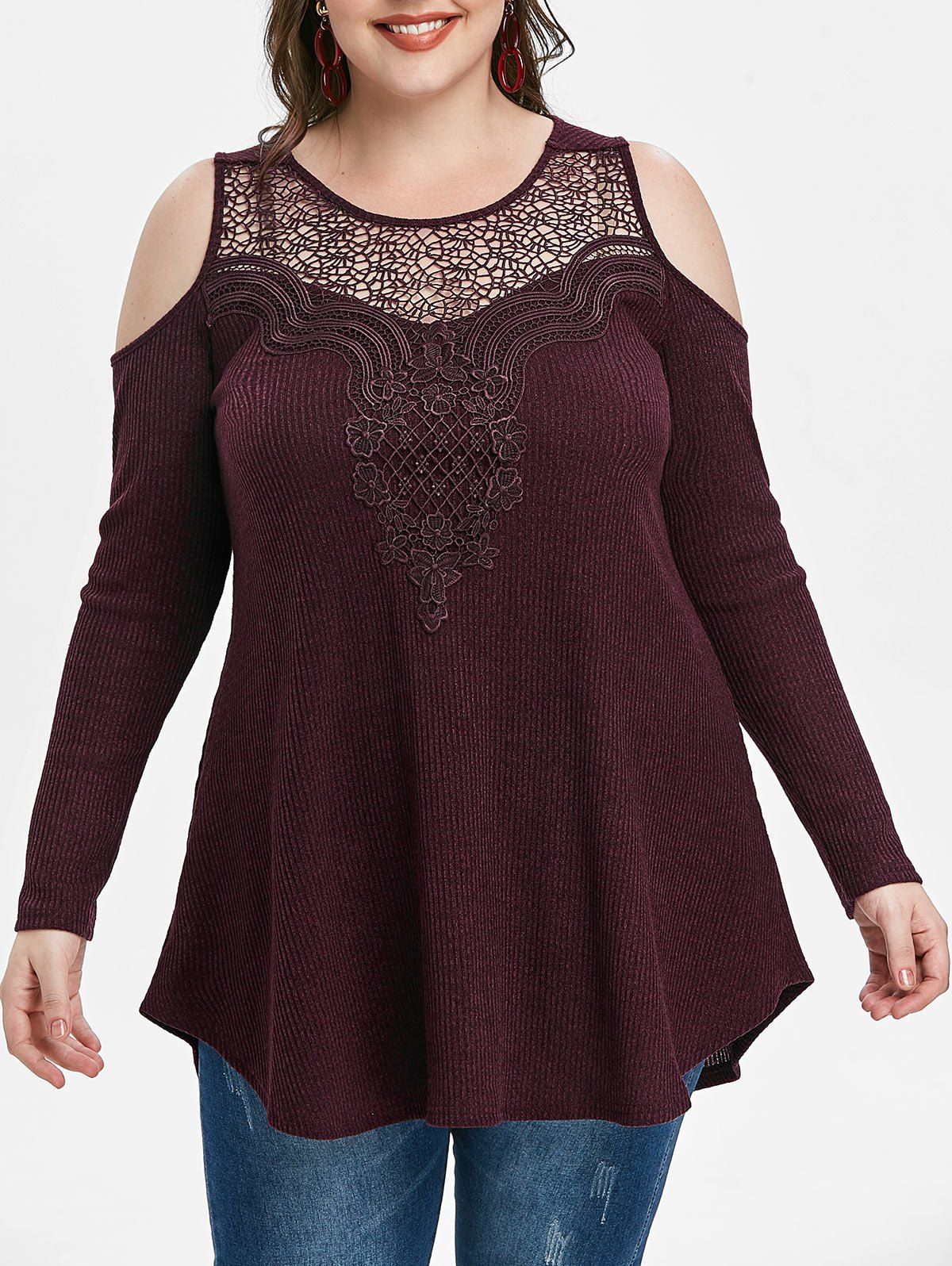 Plus Size Cold Shoulder Lace Insert Knitwear - RED WINE L