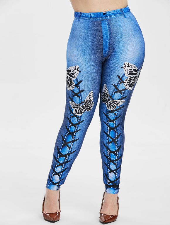 Legging 3D Papillon Imprimé Grande Taille à Lacets - Bleu de Soie 5X