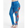 Legging 3D Drapeau Anglais et Fleuri Imprimé de Grande Taille - Bleu Myrtille 4X