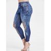 Legging de Neuf Minutes Fleuri Imprimé à Taille Haute de Grande Taille - Ardoise bleue 1X