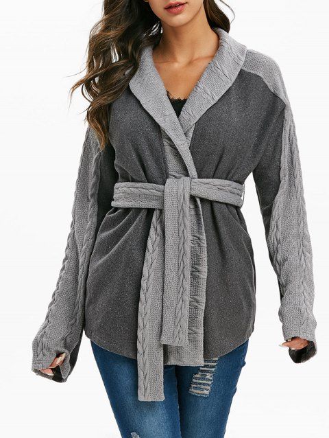 Belted Cable Knit Trim Heathered Coat