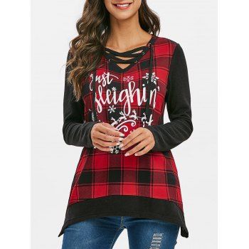 

Christmas Elk Plaid Lace Up Asymmetrical Knitwear, Red wine