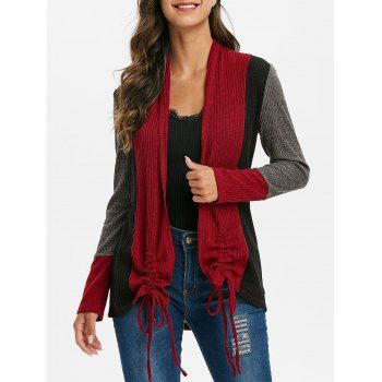 

Contrast Ribbed Cinched Open Front Knit Coat, Multicolor a