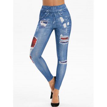 

Plaid Ripped 3D Print Skinny Jeggings, Dodger blue