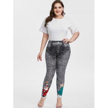 

Plus Size Santa Claus Tree Print Skinny Christmas 3D Jeggings, Black