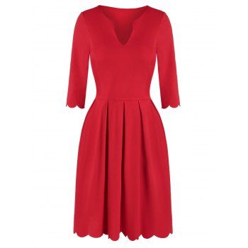 

Scalloped Hem Notched Neckline Pleated Mini Dress, Red wine