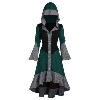

Hooded Contrast Ribbed Flare Sleeve Button Up High Low Cardigan, Dark forest green