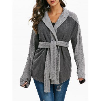 

Belted Cable Knit Trim Heathered Coat, Gray cloud