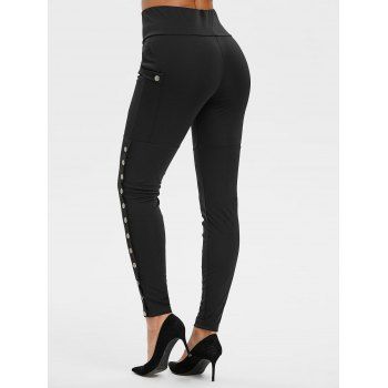 

High Waisted Pocket Snap Button Side Leggings, Black