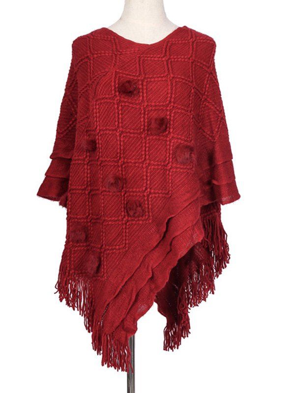 

Rhombus Fuzzy Ball Fringe Poncho Cape, Red