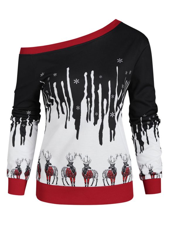Sweat-shirt de Noël Flocon de Neige et Cerf à col Oblique - Noir M