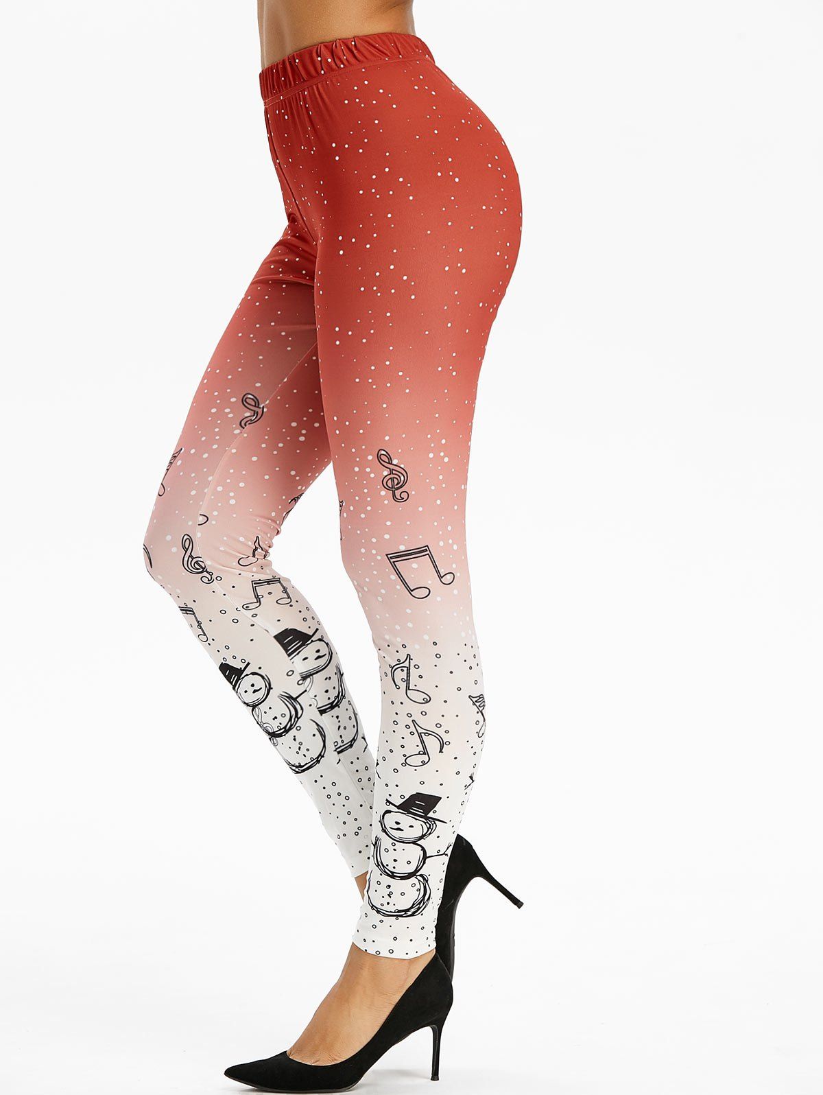 Ombre Color Snowflake Musical Print Christmas Leggings - RED 3XL