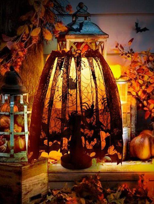 Covers de Lampe d'Halloween en Dentelle Araignée et Chauve-souris - Noir 