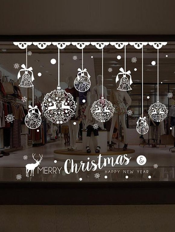 Ensemble d'Autocollant Mural Joyeux Noël Motif de Cerf et de Cloche - Blanc 