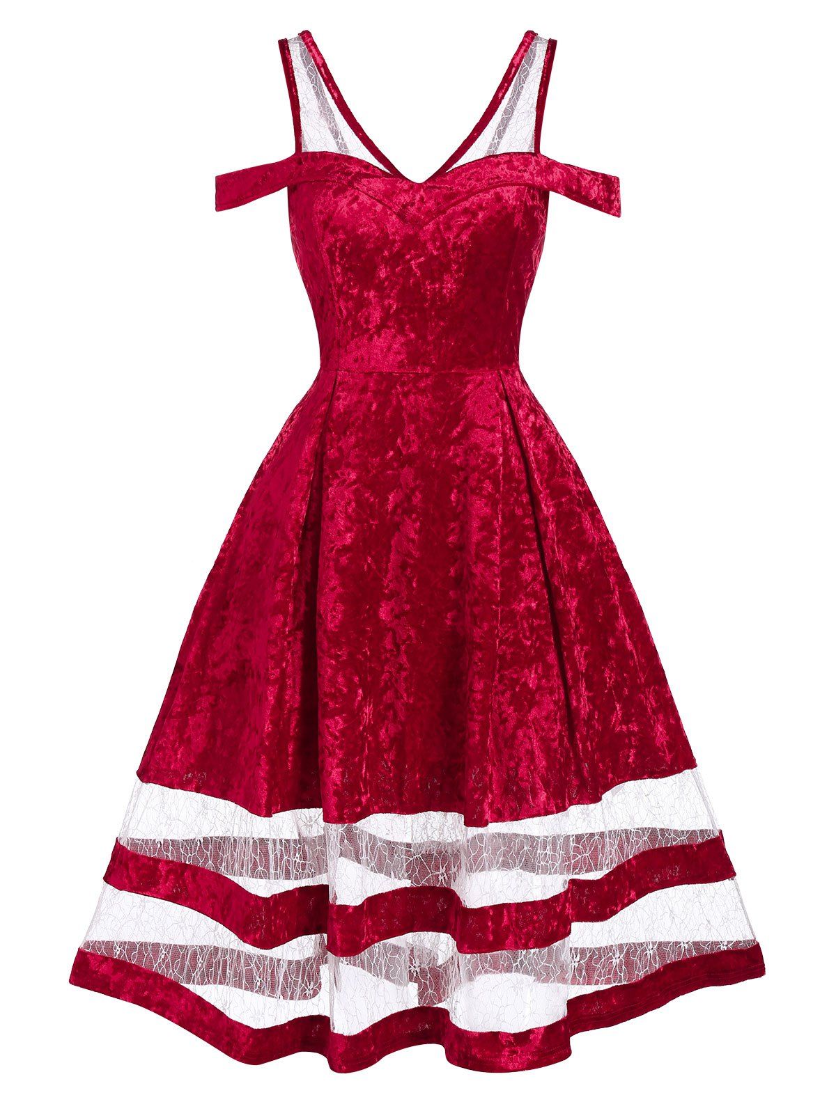 Christmas Lace Insert Cold Shoulder Velvet Dress - RED 2XL