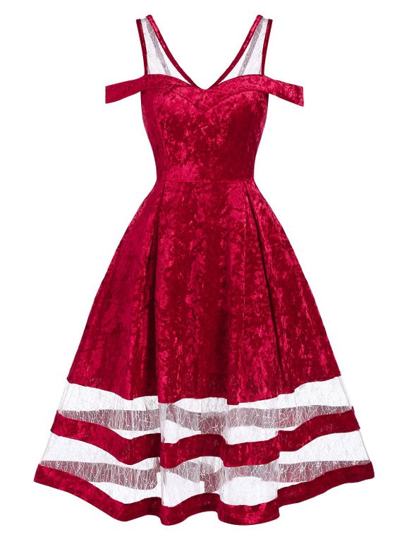 Christmas Lace Insert Cold Shoulder Velvet Dress - RED S