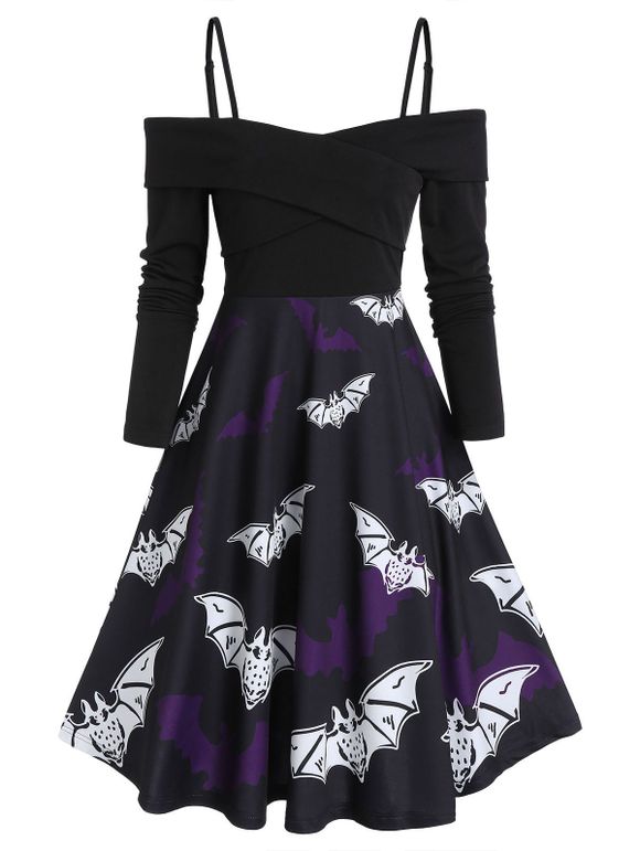 Bat Print Halloween Fit And Flare Spaghetti Strap Dress - multicolor A L