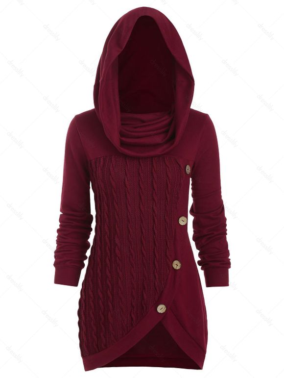 Cowl Neck Mock Button Cable Knit Knitwear - RED WINE M