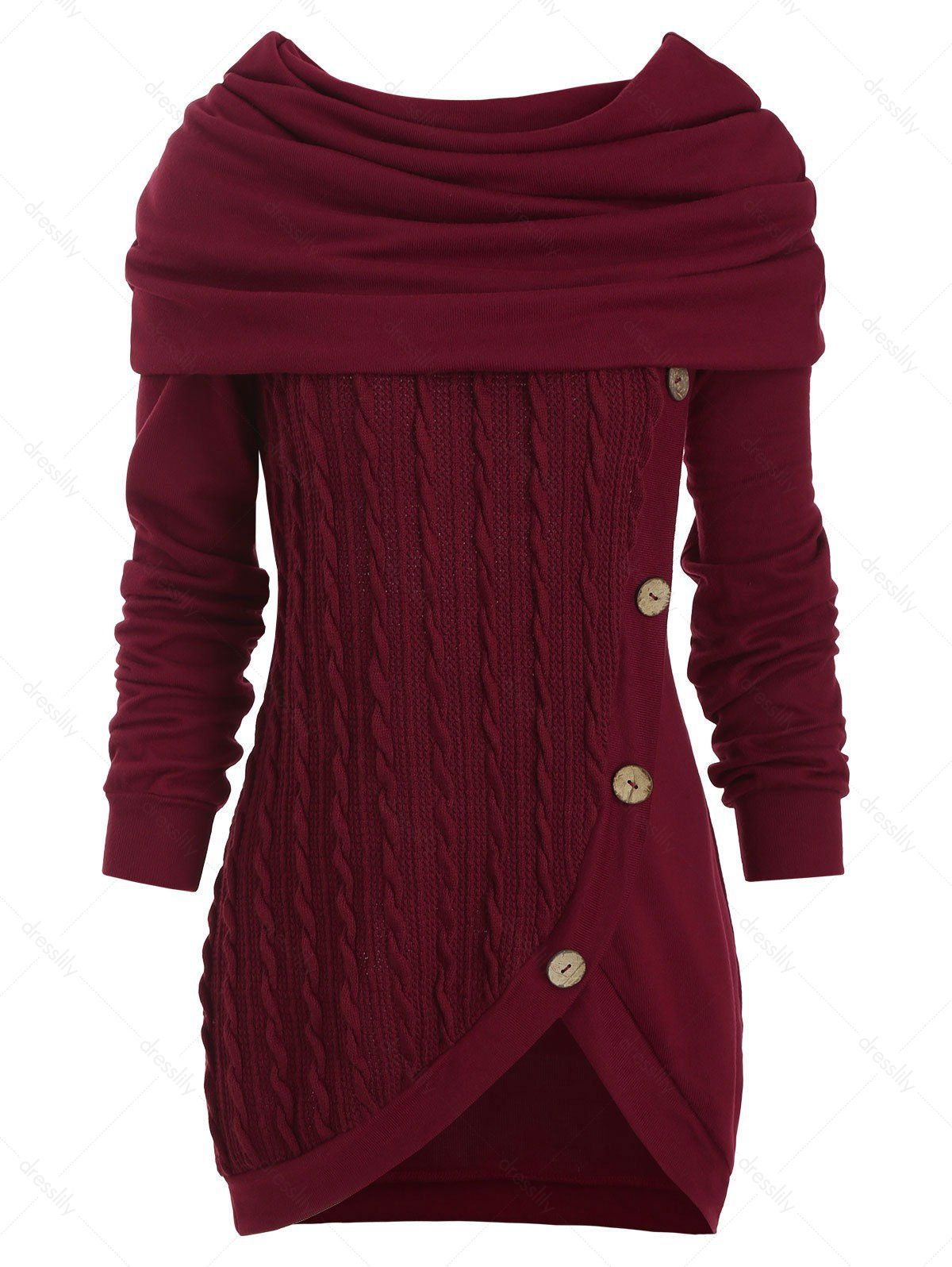 Cowl Neck Mock Button Cable Knit Knitwear - RED WINE 3XL