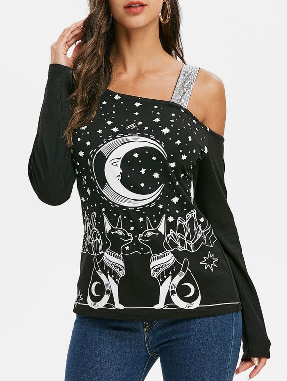 T-Shirt Chat Lune Graphique à Col Oblique à Paillettes - Noir S