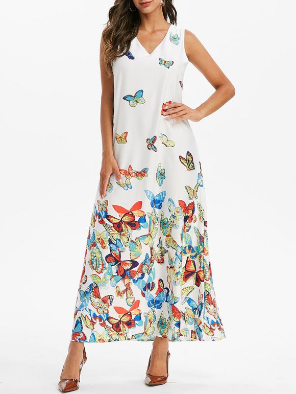Maxi Robe Papillon Imprimé Sans Manches à Col V - Blanc 2XL