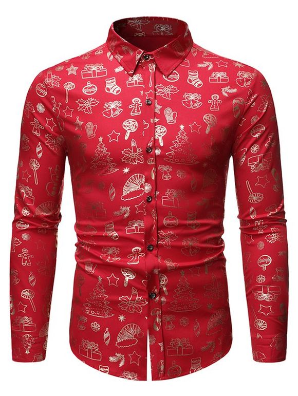 Chemise Boutonnée Motif de Noël Imprimée à Manches Longues - Rouge S