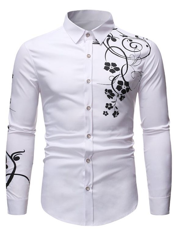 Chemise Boutonnée Fleurie Imprimée à Manches Longues - Blanc S