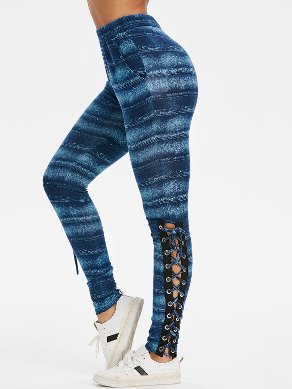 Pantalon Moulant Teinté Imprimé à Lacets - Bleu profond 2XL